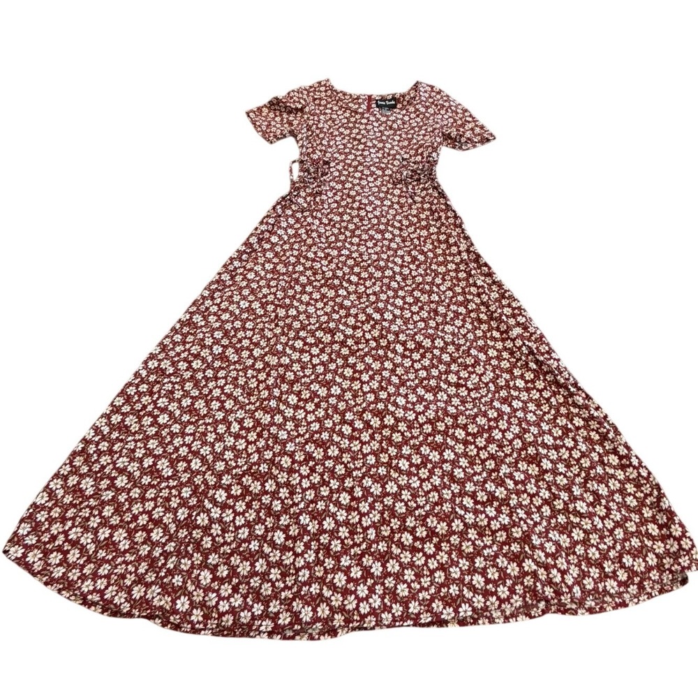 Jamie Brooke Vintage 90s Burgundy Daisy Floral Maxi Dress Short Sleeve Size M